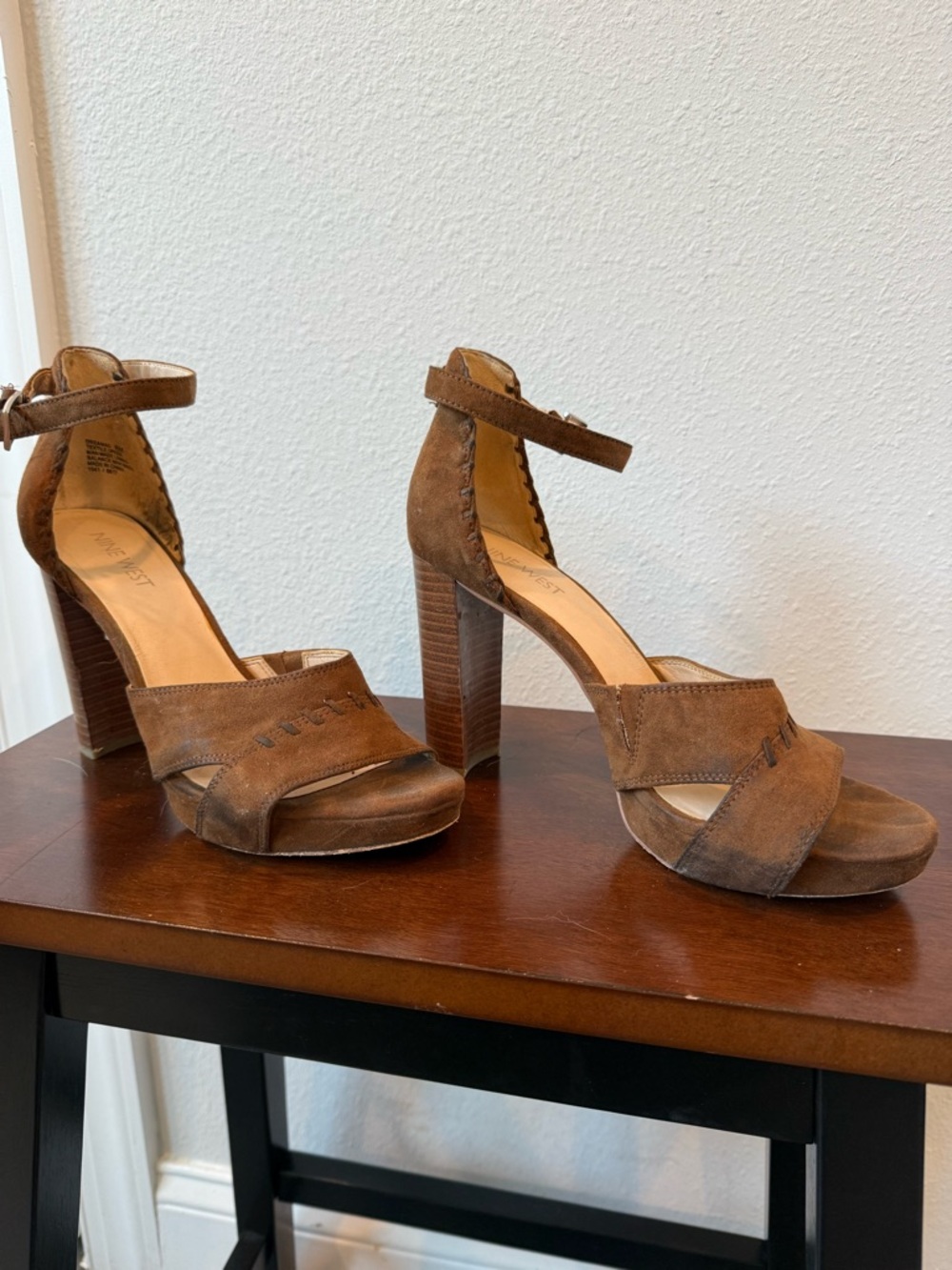 Nine West Women’s Brown Suede Ankle-Strap Block Heel Sandals